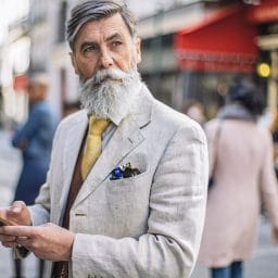 Older gentleman with a single hearing aid holding a cellphone