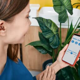 Woman adjusting her hearing aid programming on her phone