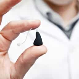 Doctor holding modern hearing aid