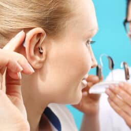 A patient tries on their new hearing aids with the help of an audiologist.